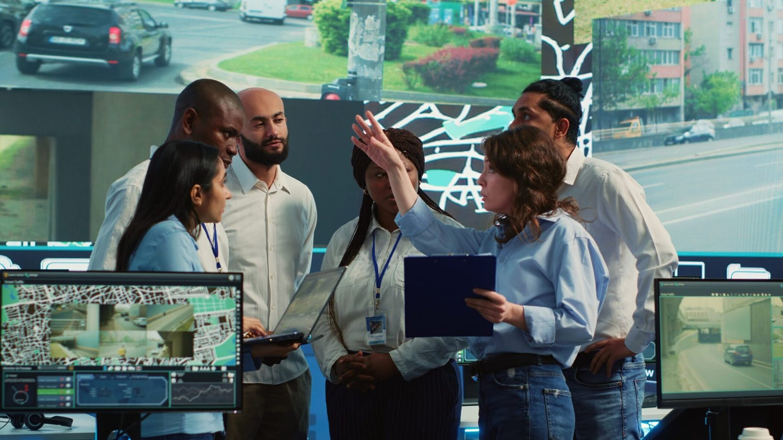 Control room with fleet dashboards contrasted with a field operator working on an e scooter in a European city